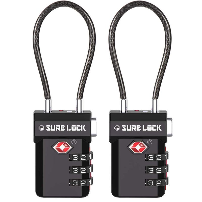 SURE LOCK TSA Approved Cable Luggage Lock â€“ TSA Locks for Luggage with Visual Inspection Indicator, Resettable 3-Digit Combination, Zinc Alloy Body for Suitcases, Backpacks, Gym Lockers(Black 2 Pack) - Image 1